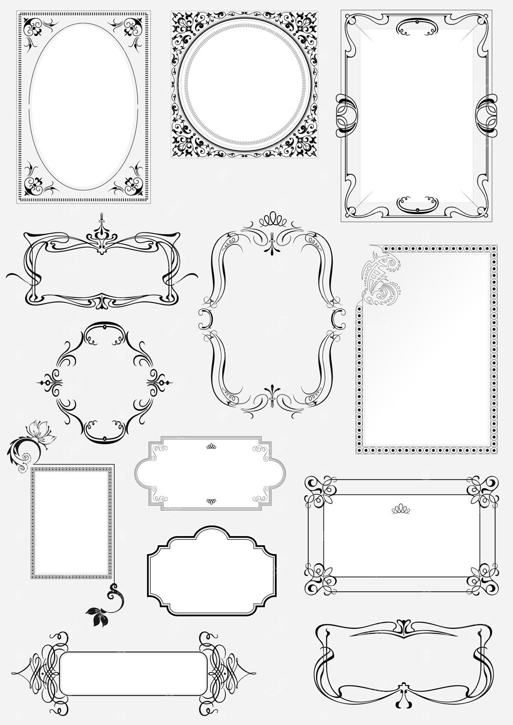 مجموعه قاب و حاشیه‌های تزئینی وکتور به همراه متن نمونه، ایده‌آل برای طراحی کارت دعوت و اعلامیه؛ دارای اجزای جداگانه با قابلیت ویرایش و تغییر رنگ آسان