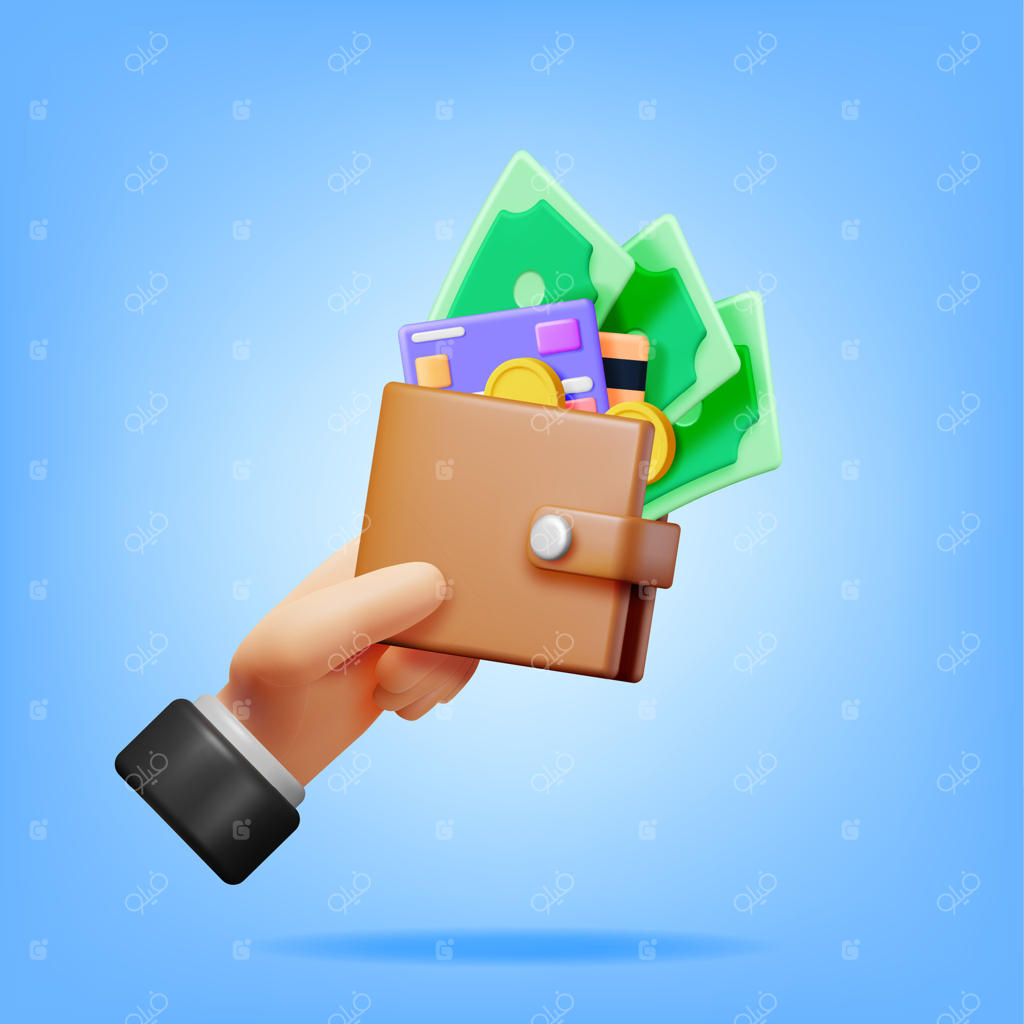 پول سه‌بعدی و کیف‌پول چرمی در دست. کارت بانکی و کیف پول. سکه‌های طلا و اسکناس‌های دلار. بازنمایی اسکناس. رشد، درآمد، پس‌انداز، سرمایه‌گذاری. نماد ثروت. موفقیت تجاری. تصویر وکتور.