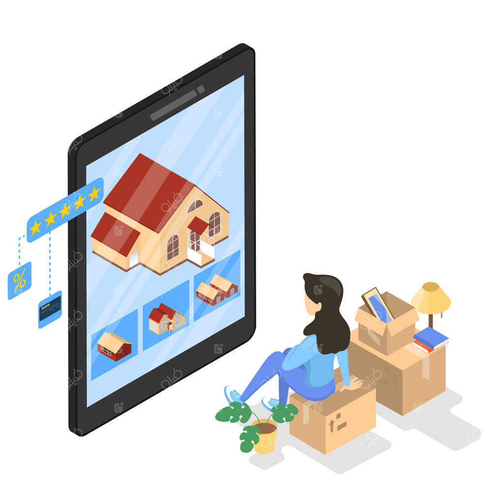 شخصیت زن در حال نشستن بر روی جعبه و نگاه کردن به تصویر خانه بر روی تبلت. خرید خانه جدید به صورت آنلاین. مفهوم املاک و خرید اینترنتی. تصویر سازی ایزومتریک.
