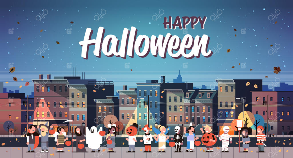 بنر تعطیلات: کودکان با لباس‌های هیولا در حال قدم زدن در شب شهر