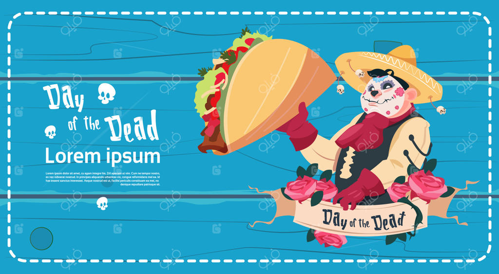 بنر دعوت‌نامه جشن روز مردگان و هالووین سنتی مکزیکی