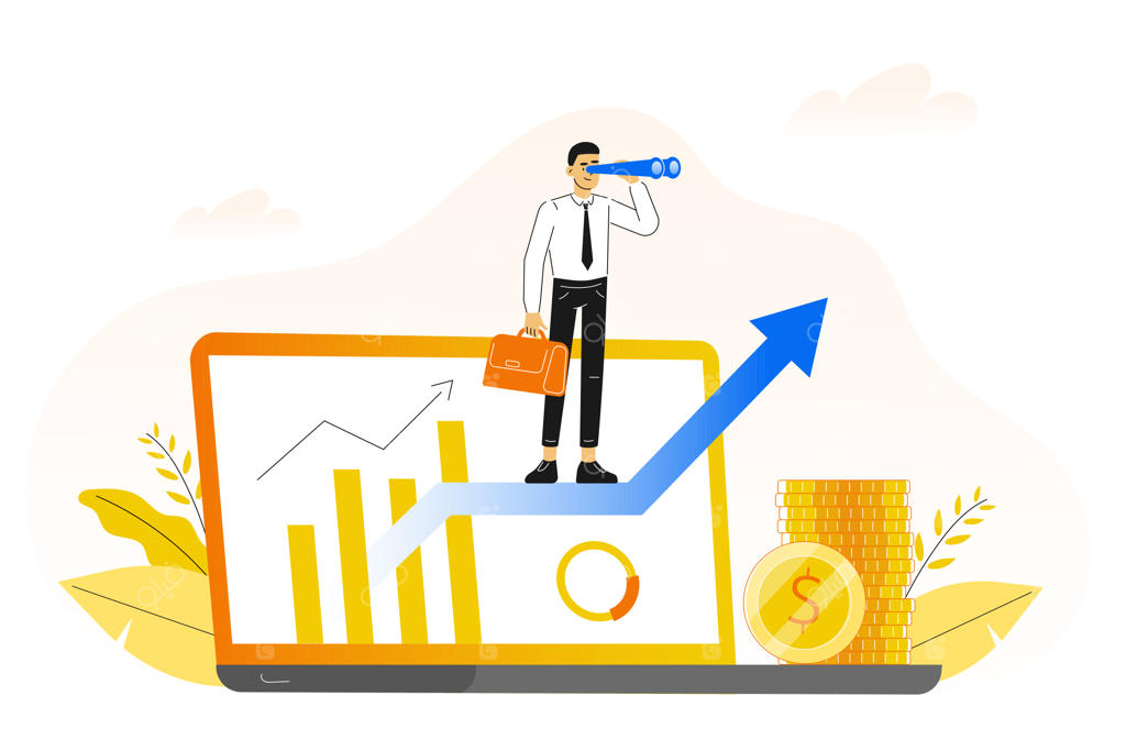 مفهوم رشد شغلی با مردی که بر روی پیکان ایستاده است