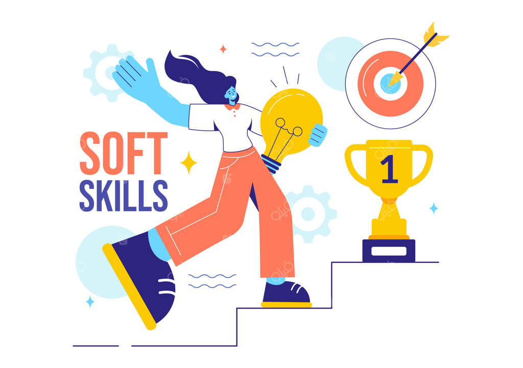 تصویرسازی وکتور از کارمندان اداری با نمایش مهارت‌های نرم مثل همدلی، برقراری ارتباط، توسعه ایده و آموزش در پس‌زمینه‌ای ساده