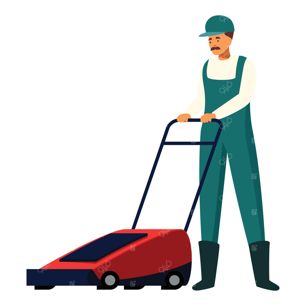 باغبان در حال چمن‌زنی با چمن‌زن برقی قرمز