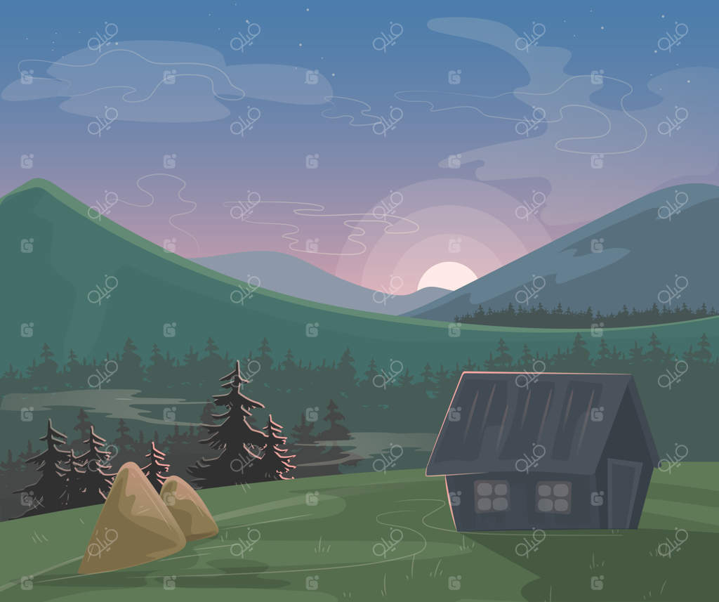 منظره کوهستانی: طبیعت صبح یا غروب، خانه روستایی و کاهدان در افق کوهستانی