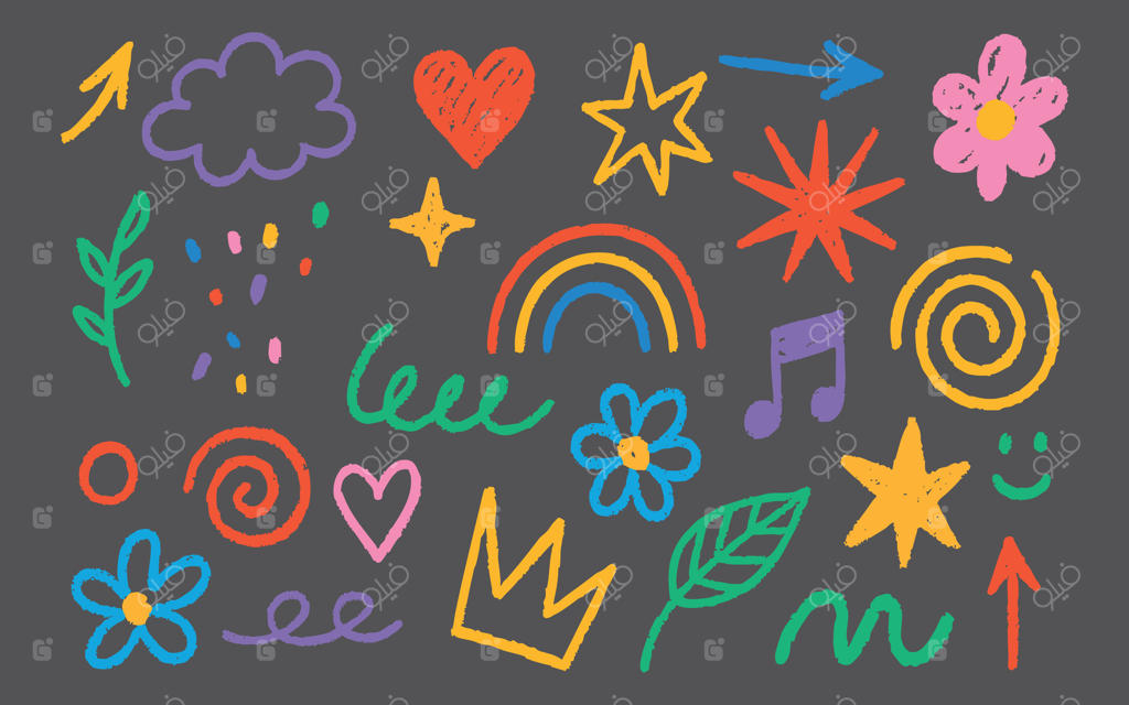 عناصر گچ مهدکودک: رنگین‌کمان با مداد شمعی و نمادهای خورشید همراه با قلب، علامت سوال و فلش. گردابی از ابرها و تزیینات گل برای طراحی‌های کودکانه یا تم‌های مدرسه. ایده‌آل برای سرگرمی