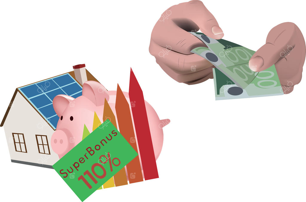 دستی که یک قلک و یک خانه با پنل خورشیدی را نگه داشته است