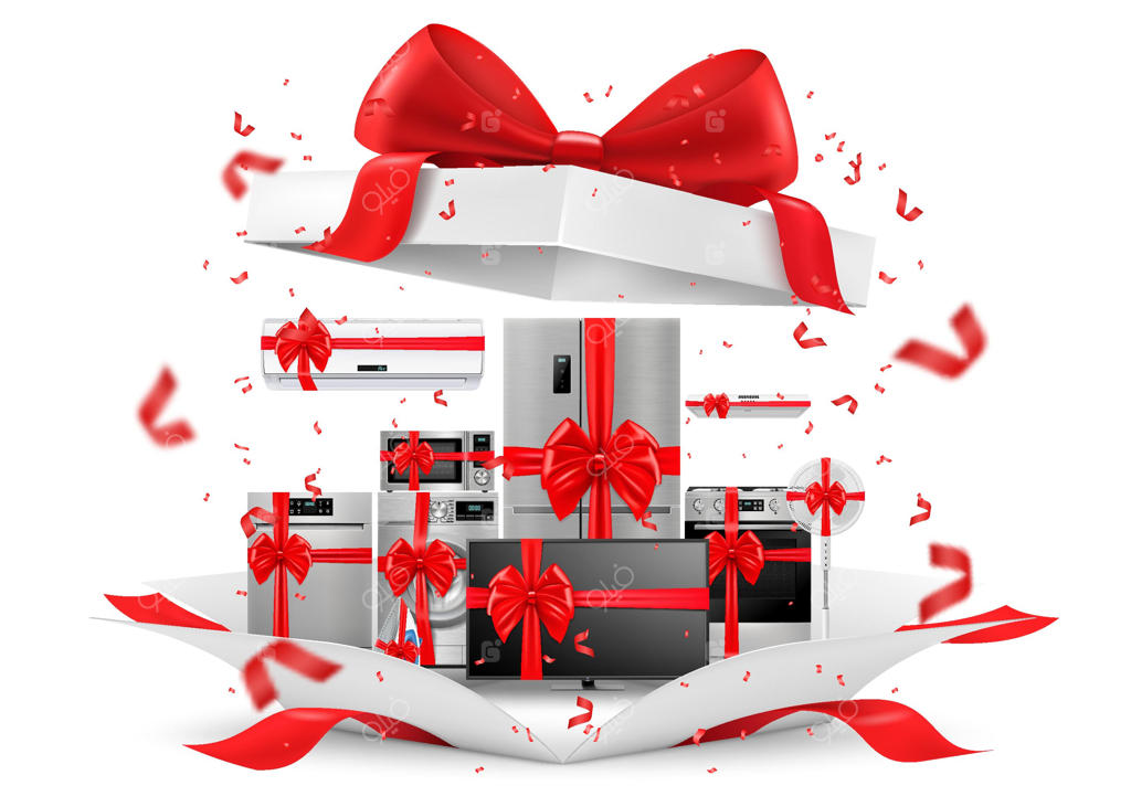 ایده هدیه: لوازم خانگی درون جعبه کادو - یخچال، مایکروویو، غذاساز، تلویزیون، ماشین لباسشویی، اجاق گاز - رندر سه‌بعدی و تصویرسازی واقع‌گرایانه