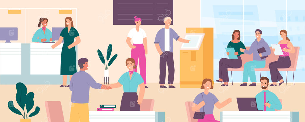 بانک و مشتریان: صندوق‌دار، بخش اعتبار، خودپرداز، میز مدیر، پذیرش و سالن انتظار با مشتریانی که با کارمندان صحبت می‌کنند. مفهوم وکتوری. کارکنان تخصصی در حال کمک و مشاوره به مراجعین