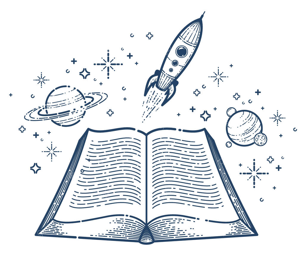 آیکون خطی کتاب باز با راکتی در حال پرتاب، شروع موشک از متن، تصویرسازی خطی کتابخانه علمی فضایی و مطالعات علمی.