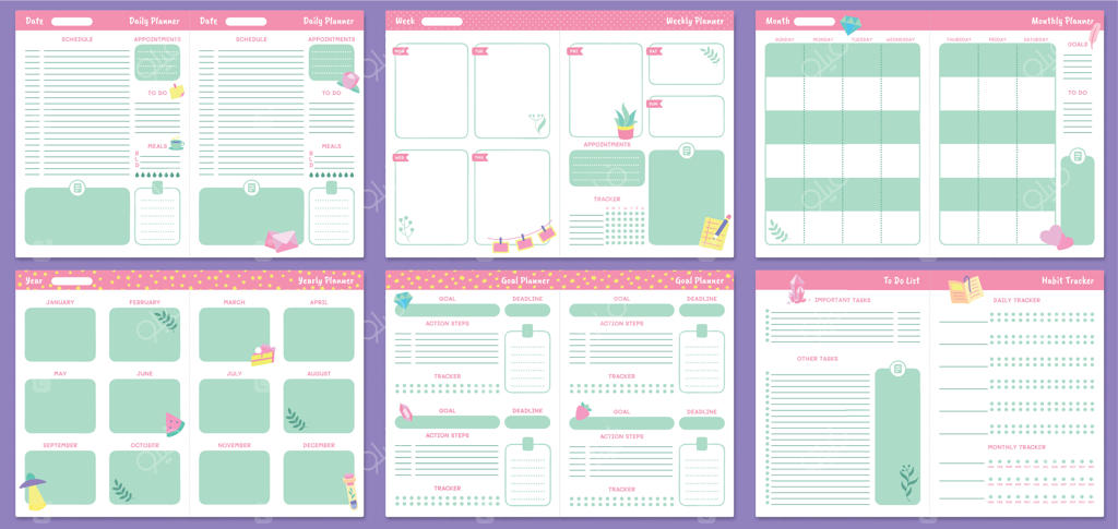 قالب‌های بامزه برنامه‌ریزی: صفحات برنامه‌ریزی روزانه، هفتگی، ماهانه و سالانه. مجموعه برداری برنامه‌ریز اهداف و فهرست کارها