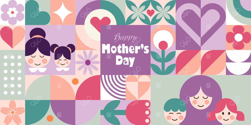 روز مادر: پترن هندسی و انتزاعی یکپارچه. پس‌زمینه‌ای موزاییکی از مادران و کودکان، گل‌ها، قلب‌ها و اشکال ساده. قالب مدرن برای آگهی‌ها و شبکه‌های اجتماعی. هنر نوین ژئومتریک.