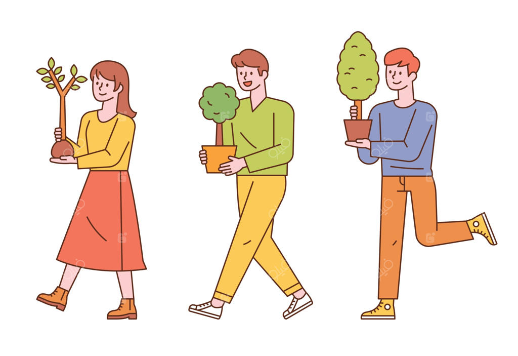 سه نفر در حال حمل یک درخت در گلدان کوچک هستند.