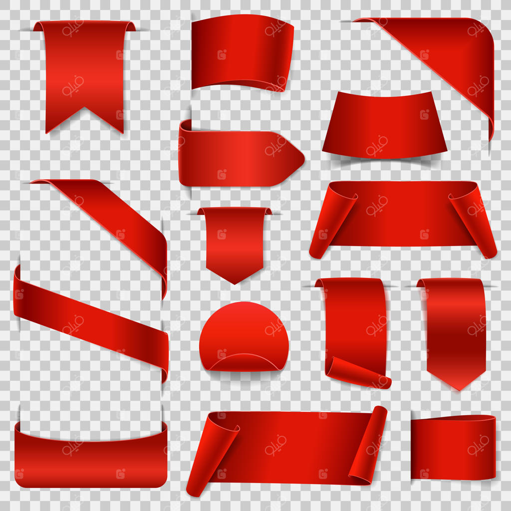 مجموعه بزرگ طومارهای کاغذی خالی. روبان‌های کاغذی قرمز روی زمینه شفاف. برچسب‌های واقعی.