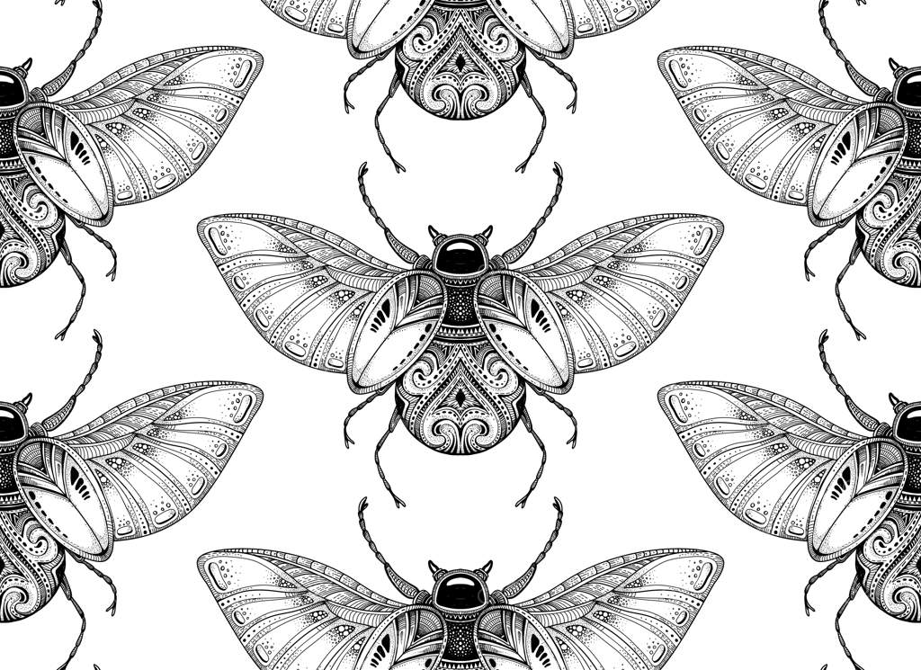 پترن یکپارچه وکتور با سوسک‌های سیاه و سفید دست‌کشیده. حشره‌ای با طرح‌های قومیتی و دندانه‌دار.