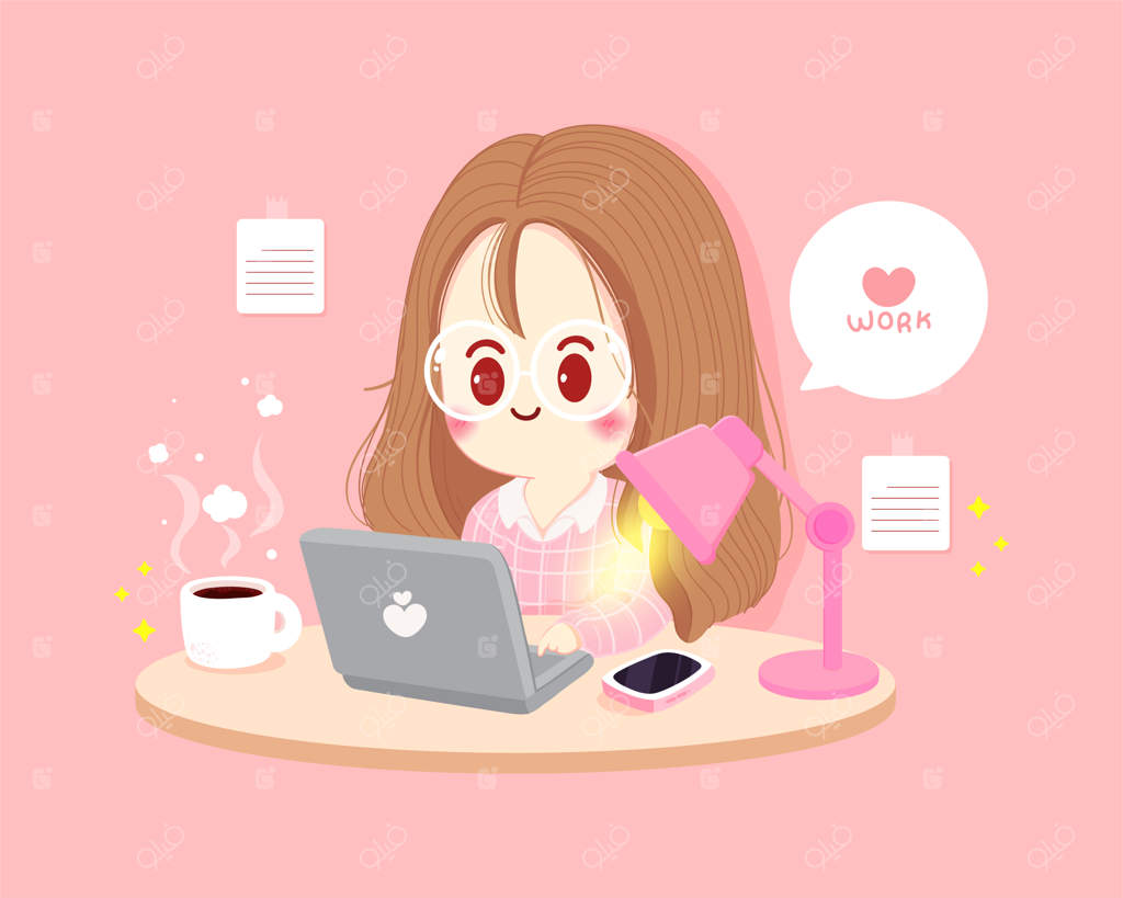 زن در حال کار در خانه، تصویر هنری کارتونی با لپ‌تاپ