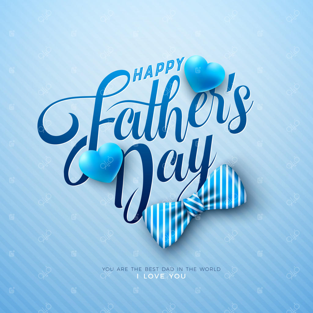 کارت تبریک روز پدر با طراحی کروات راه‌راه، قلب و متن تایپوگرافی روی پس‌زمینه آبی روشن. طرح جشن برای بهترین پدر. قالب روز پدر برای بنر