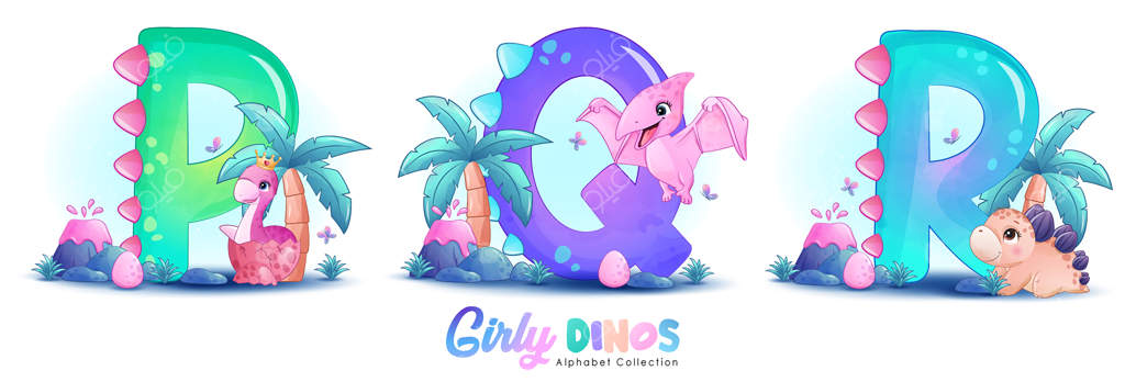 دایناسور دخترانه کوچک و بامزه با حروف الفبا و نقاشی آبرنگی