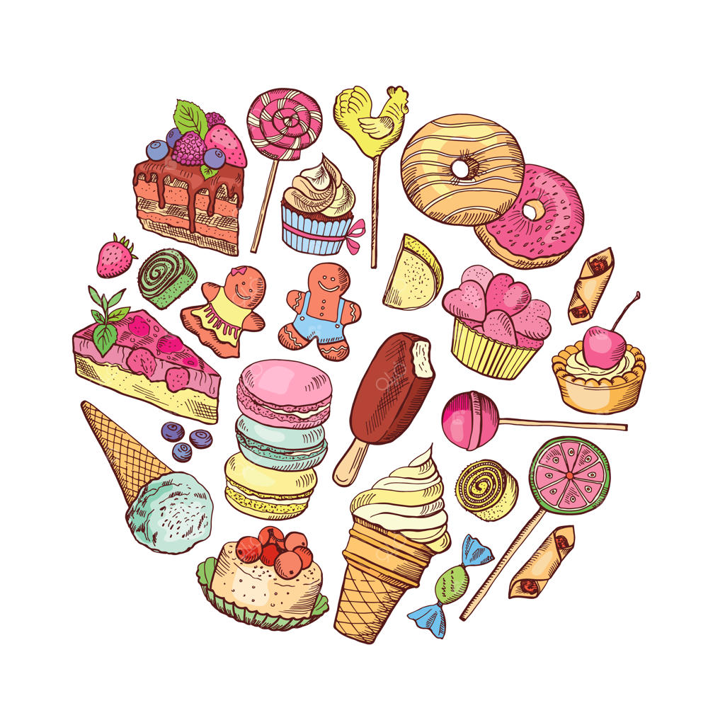 انواع شیرینی‌ها به صورت دستی در دایره‌ای نمایش داده شده‌اند