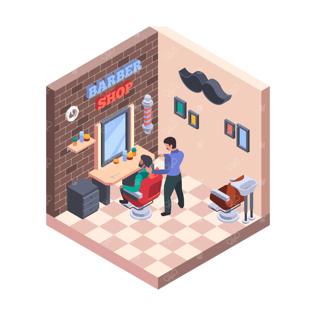 طراحی داخلی آرایشگاه مردانه: اتاقی شیک با صندلی‌ها و روشویی‌ها، ابزارهای حرفه‌ای مانند تیغ و برس مو و تصویر ایزومتریک آرایشگاه رنگارنگ