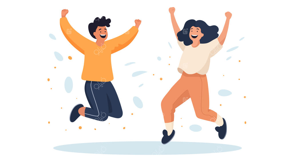 وکتور فلتِ افرادی که با دستان بالا به هوا می‌پرند و موفقیت کاری را با هم جشن می‌گیرند