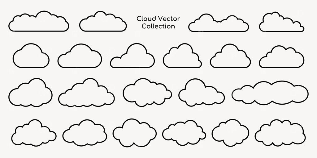 مجموعه‌ای از تصاویر وکتور ابر: اشکال ساده ابر، طرح‌های مختلف ابر، گرافیک‌های ابر خطی، مناسب برای پروژه‌های در زمینه هواشناسی