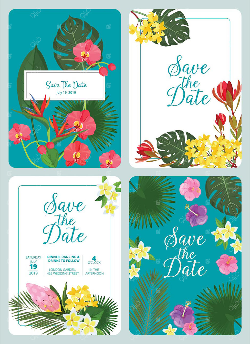 دعوتنامه روز ذخیره: طراحی کارت عروسی با قاب گل‌ها و برگ‌های تزیینی گرمسیری طبیعت