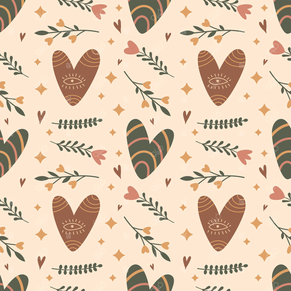 پترن یکپارچه روز ولنتاین: قلب بوهو با چشم، گل‌ها و گیاهان در رنگ‌های بژ و سبز. تصویر مدرن برای بسته‌بندی، کاغذ کادو و کارت تبریک.