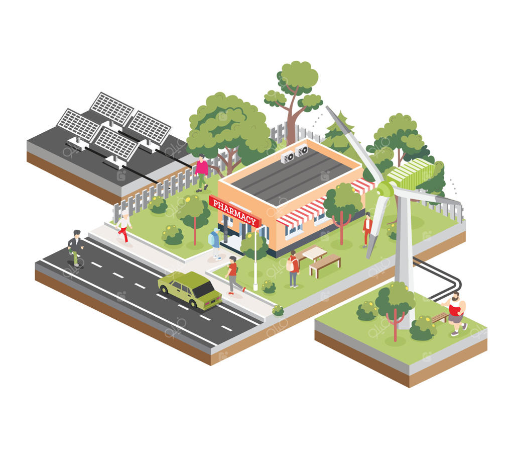 ساختمان داروخانه ایزومتریک با پنل‌های خورشیدی و توربین بادی. خانه سازگار با محیط زیست. عنصر اینفوگرافیک. درختان سبز. نمای بیرونی داروخانه.