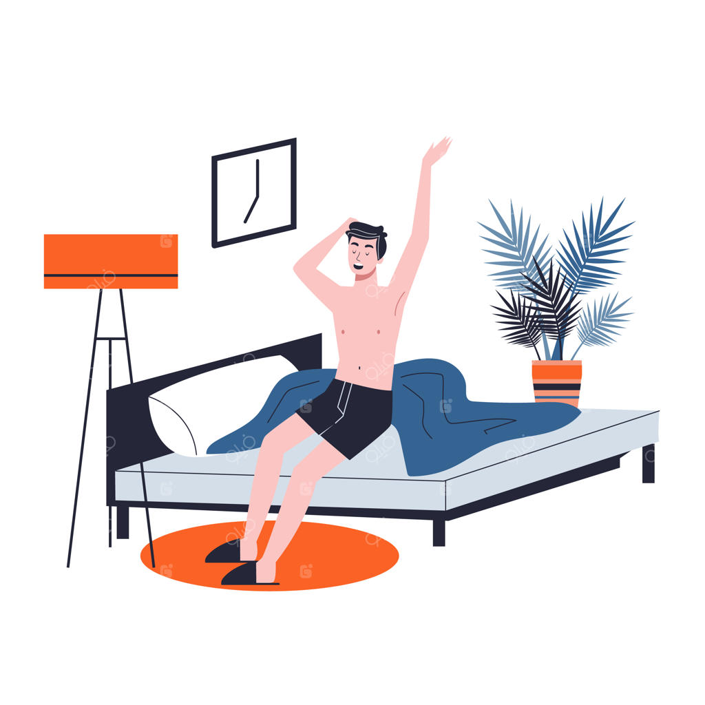 مردی در تخت خوابیده و با طلوع خورشید و روحیه‌ای خوب بیدار می‌شود. استراحت در اتاق خواب و بیداری صبحگاهی. تصویرسازی به سبک کارتونی.