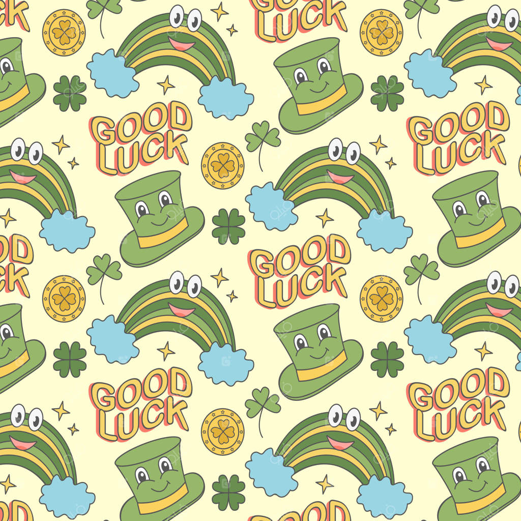 پترن قدیمی روز سنت پاتریک با کلاه و سکه‌ها. سبک هیپی دهه ۶۰ و ۷۰