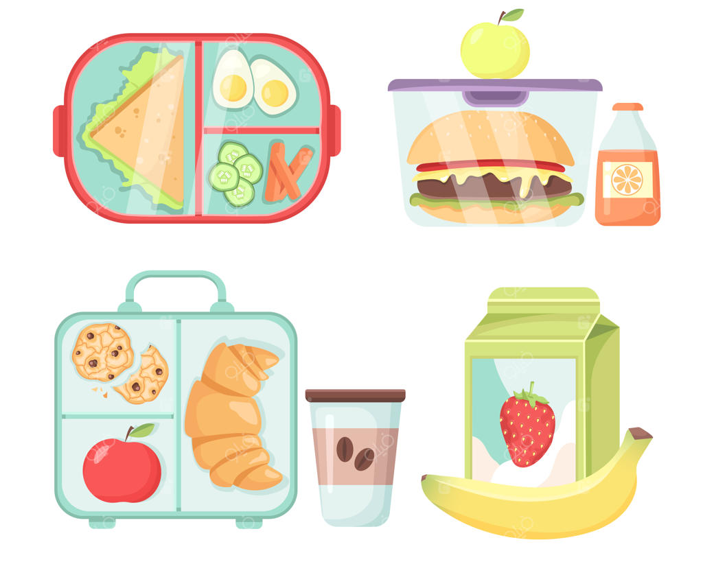 مجموعه‌ای از ظرف‌های ناهار با غذا و نوشیدنی.