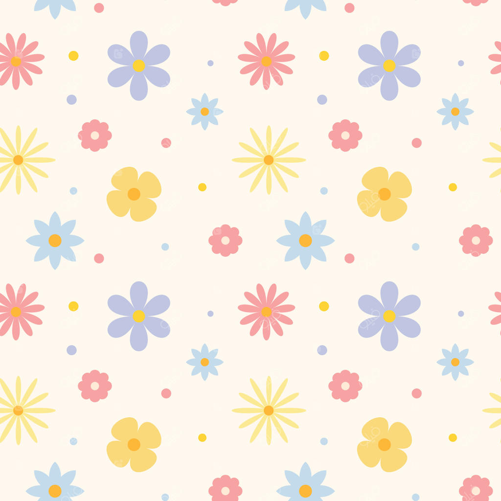 طرح گلدار روان با رنگ‌های پاستلی: گل‌های صورتی، آبی و زرد با نقطه‌های کوچک روی زمینه‌ای روشن. مناسب برای لباس کودکان، پارچه‌ها، بسته‌بندی و کاغذ دیواری. طرح بهاری.