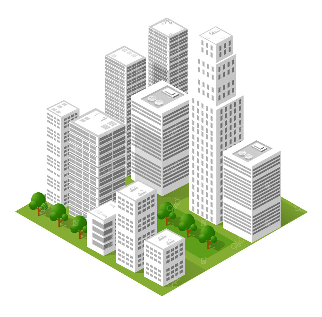 شهر ایزومتریک با آسمان‌خراش‌ها و پارک درختان