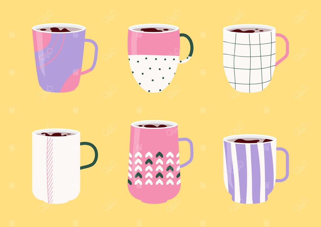 مجموعه آیکون فنجان‌های قهوه یا چای: استکان‌ها با سبک کارتونی مسطح و تزئینات متنوع