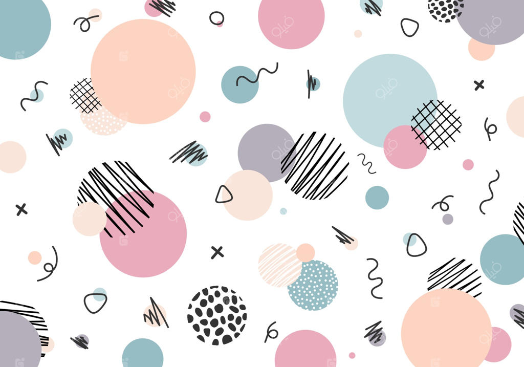 دایره‌های انتزاعی با الگوی خطی به سبک ممفیس و رنگ‌های پاستلی روی پس‌زمینه سفید.