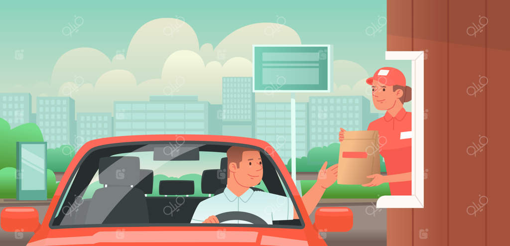 درایو از داخل ماشین به کافه فست فود سفارش می‌دهد و سفارش خود را دریافت می‌کند وی.