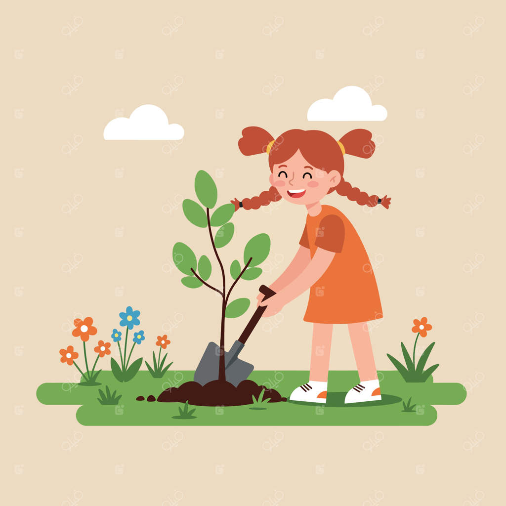 دختری جوان در حال کاشتن درختچه‌ای کوچک در باغ، طراحی ساده و فضایی شاد، تصویرسازی