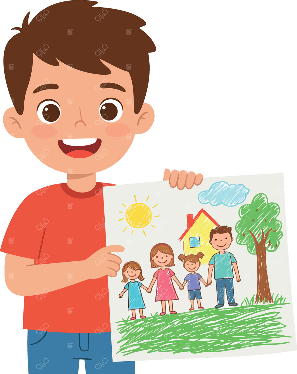 پسری در حال نگه داشتن نقاشی رنگارنگ خانوادگی با خانه، خورشید و درخت - هنر شادمانه