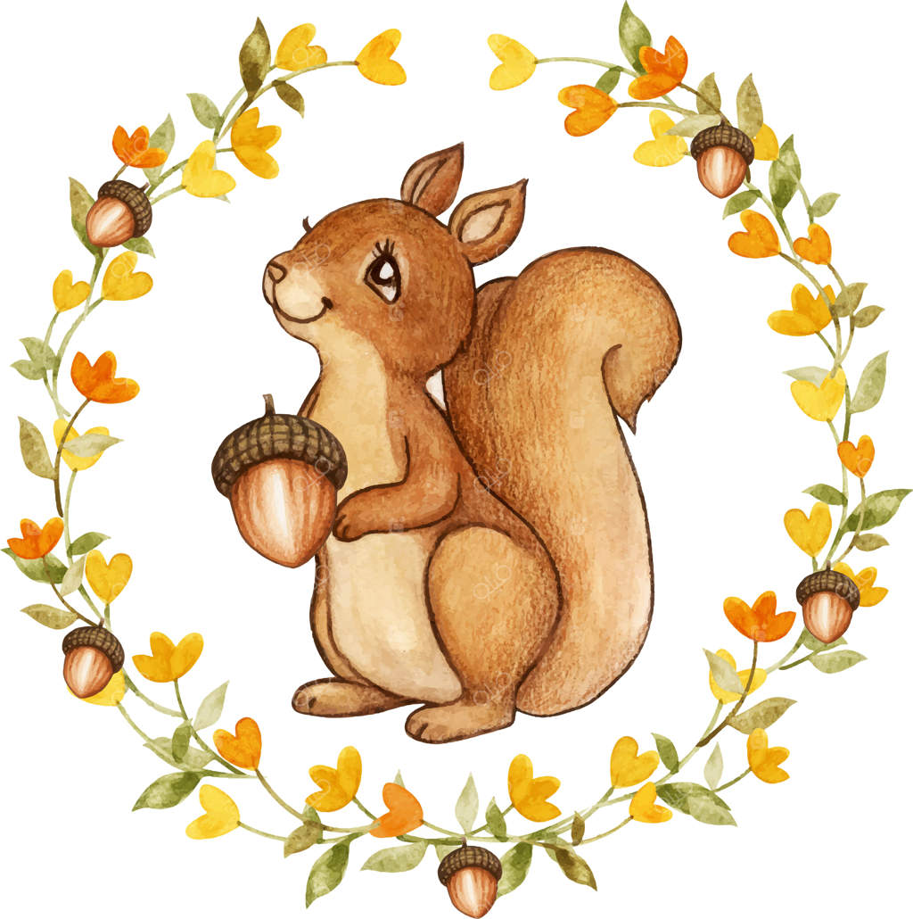 سنجاب آبرنگی زیبا در حلقه‌ای از گل‌های زرد