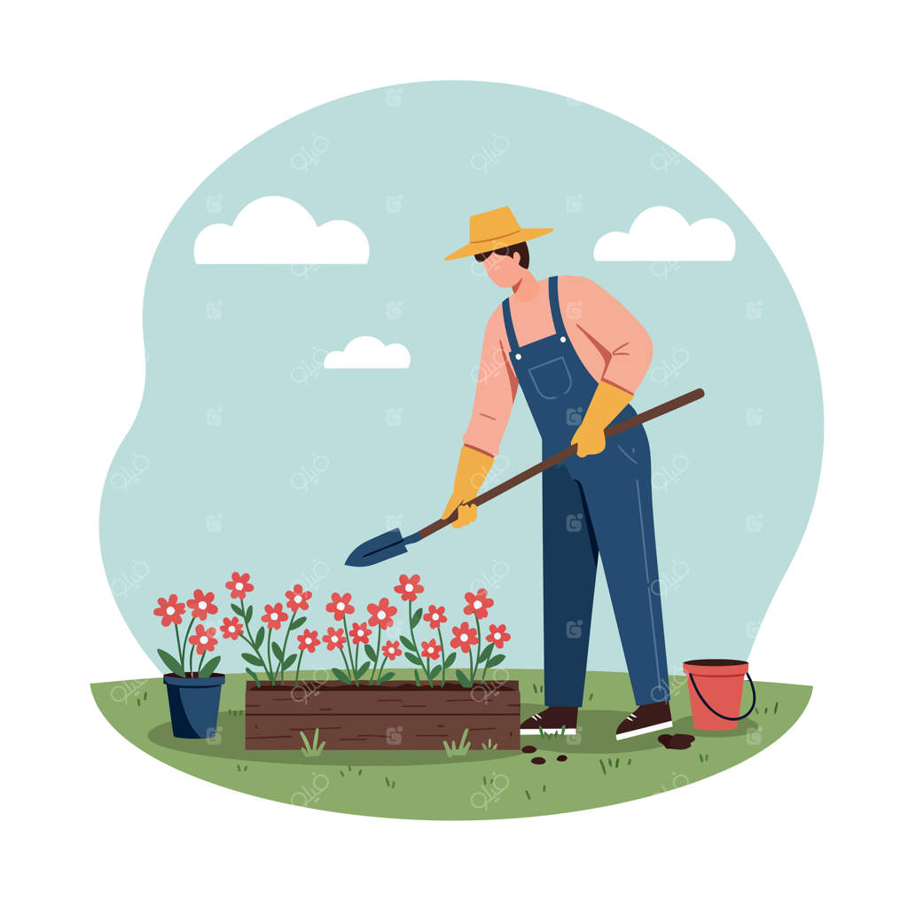 باغبانی در حال مراقبت از گل‌های رنگارنگ با بیل در یک فضای آفتابی خارجی، به سبک هنر تخت