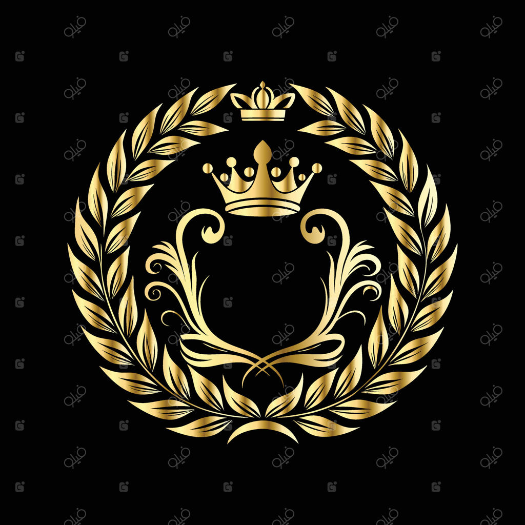 تاج طلایی با حلقه برگ بو روی پس‌زمینه سیاه، همراه با تزئینات گلدار