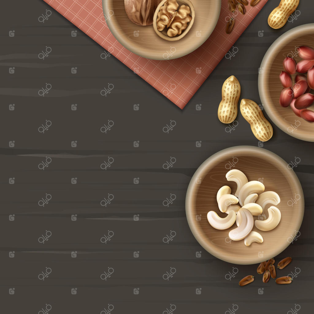 تصویری از کاسه‌های چوبی: بادام‌زمینی، بادام هندی و گردو روی سطح سیاه با دستمال شطرنجی