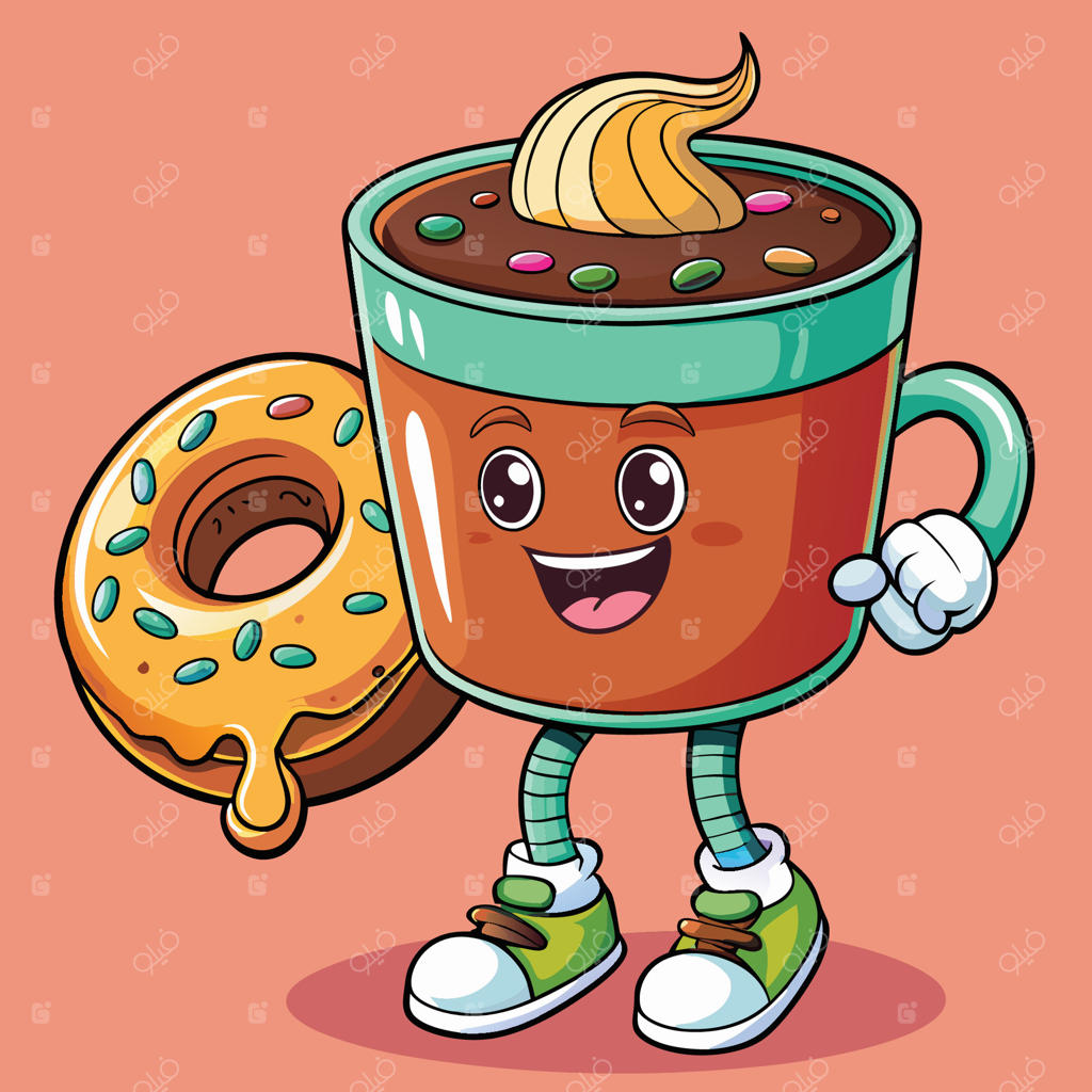تصویر کارتونی جذاب از قهوه داغ و دونات