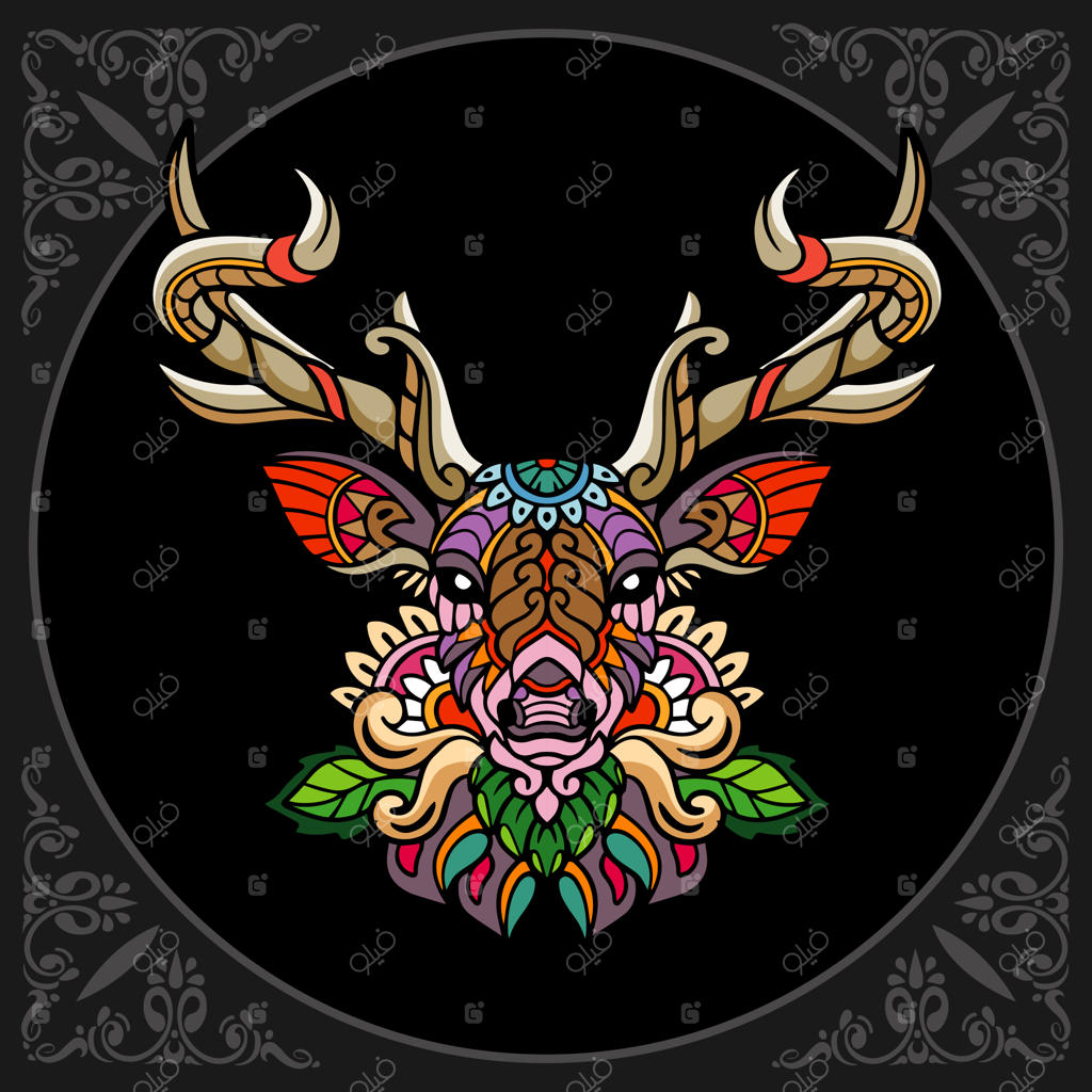 هنر زنتانگل گوزن‌های رنگارنگ در پس‌زمینه سیاه