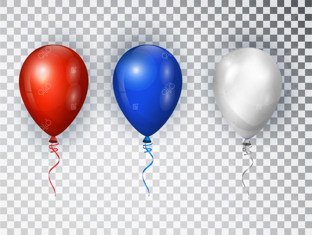 بادکنک‌هایی به رنگ‌های پرچم آمریکا بر روی پس‌زمینه شفاف. طراحی جشن ملی ایالات متحده. عناصر برای پس‌زمینه‌های تعطیلات ملی یا جشن تولد.