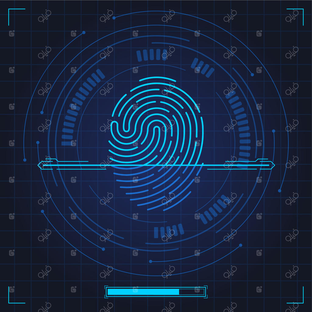 اسکن اثر انگشت. شناسایی بیومتریک اثر انگشت، احراز هویت سیستم امنیتی با خطوط انگشت. مجموعه تصویرسازی اسکن دیجیتال اثر انگشت
