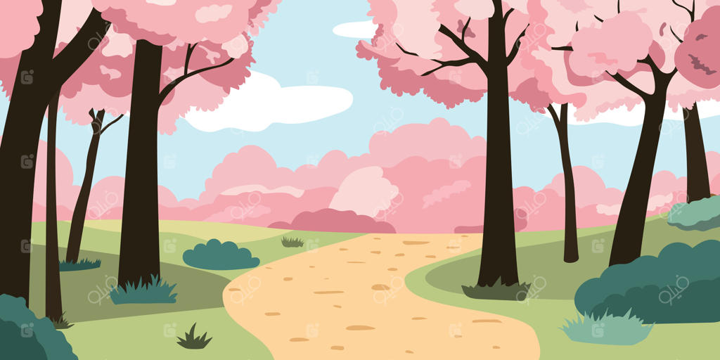 منظره جنگل بهاری با شکوفه های گیلاس، درختان و بوته های ساکورا در مسیری. تصویرسازی کارتونی