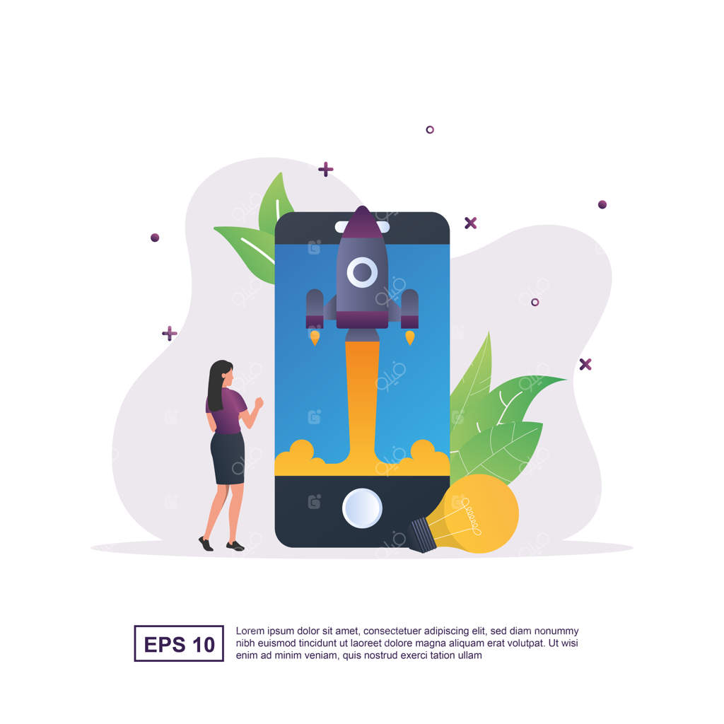 تصویرسازی مفهوم استارت‌آپ با موشک در حال پرتاب به سوی آسمان و یک لامپ روشن.