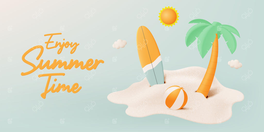 تخته موج‌سواری و نخل در ساحل